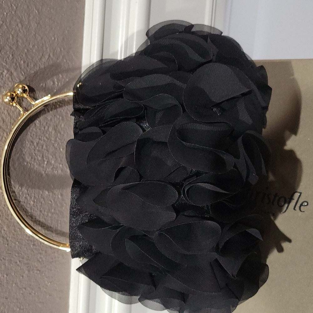 SOLD Black Ruffled Handbag with gold handles and chain - Picture 5 of 9